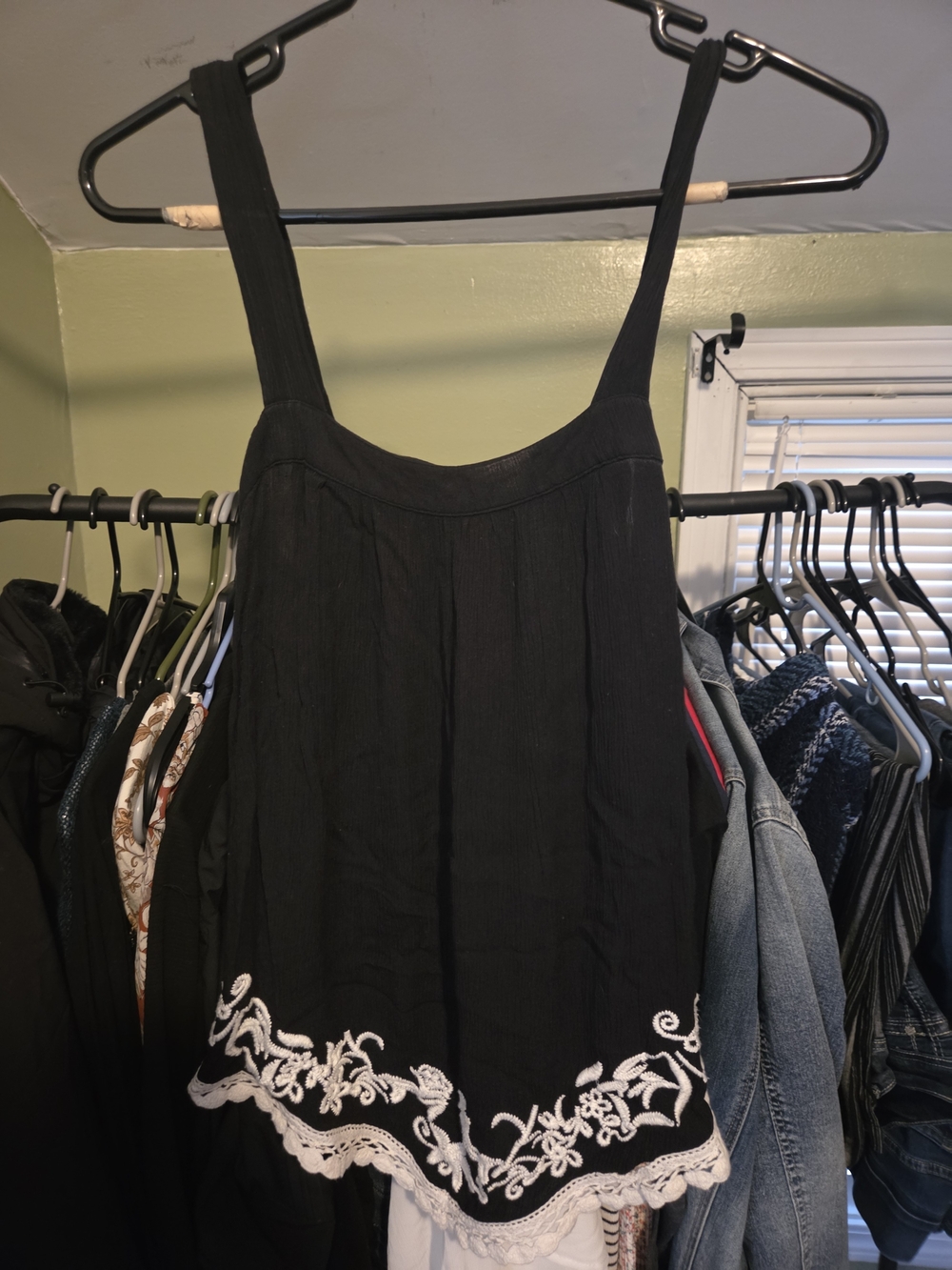 Maurices Black Sleeveless Hankerchief Top with White Embroidered Hem